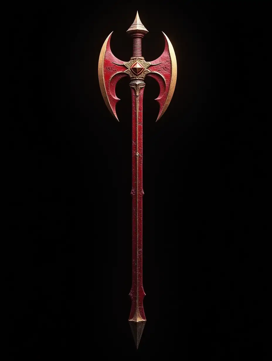 2d flat view, side view, (((Antient Undead style))), Hyper-realism, HDR, detailed, intricate, side view, closeup side view, Polished red-steel Covered in Ruby-red AXE with gold edges, war-dagger, highlights, epic RPG game item, mythical technology, artisan, texture, simple black background