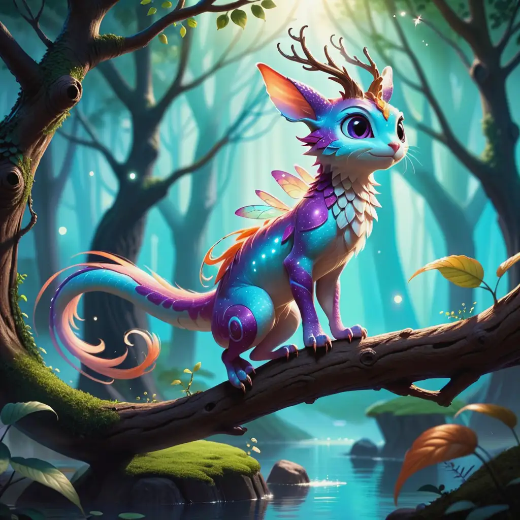 Whimsical Creature Perched on a Branch in a Magical Forest