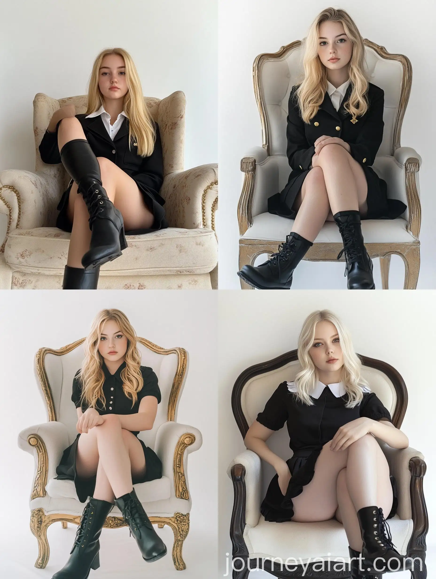 Young-Woman-in-Black-School-Uniform-Sitting-on-Queens-Chair