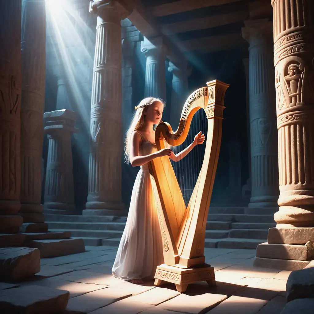 In the center of the ancient temple stands a fair-haired girl and plays an ancient magic harp and sings. A magic light comes from the harp.