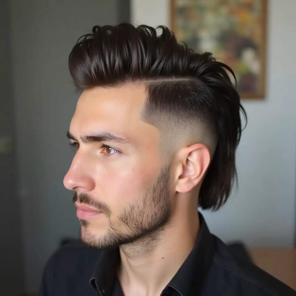 Create a realistic image of mid fade mullet haircut for men.