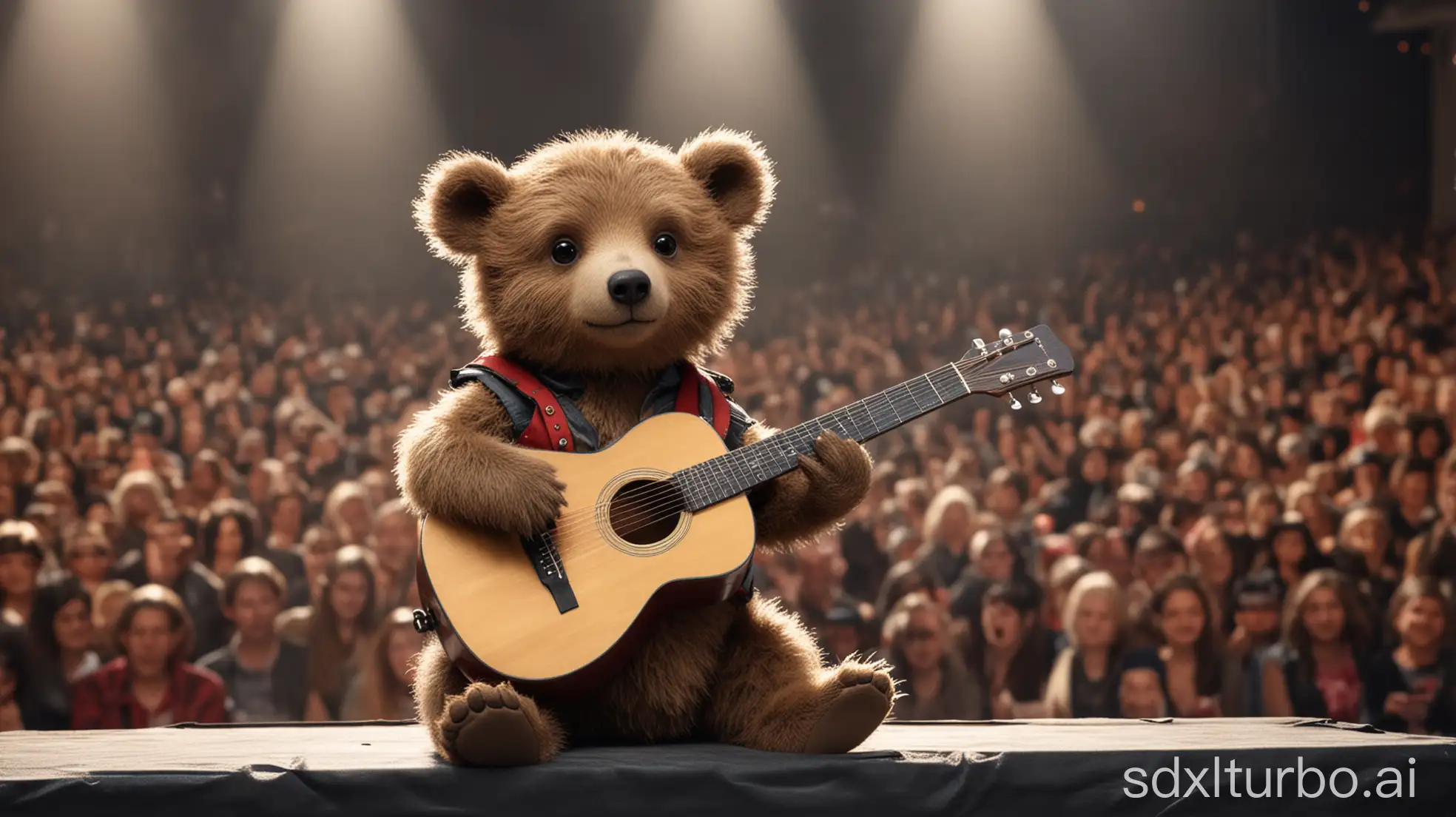 Little-Bear-Cub-Playing-Guitar-on-Stage-at-a-Concert-with-Audience