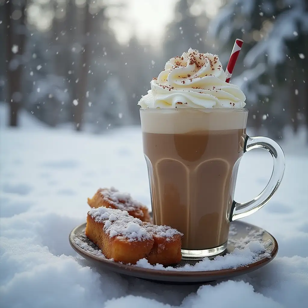 Steaming-Cup-of-Coffee-Surrounded-by-Snowy-Landscape