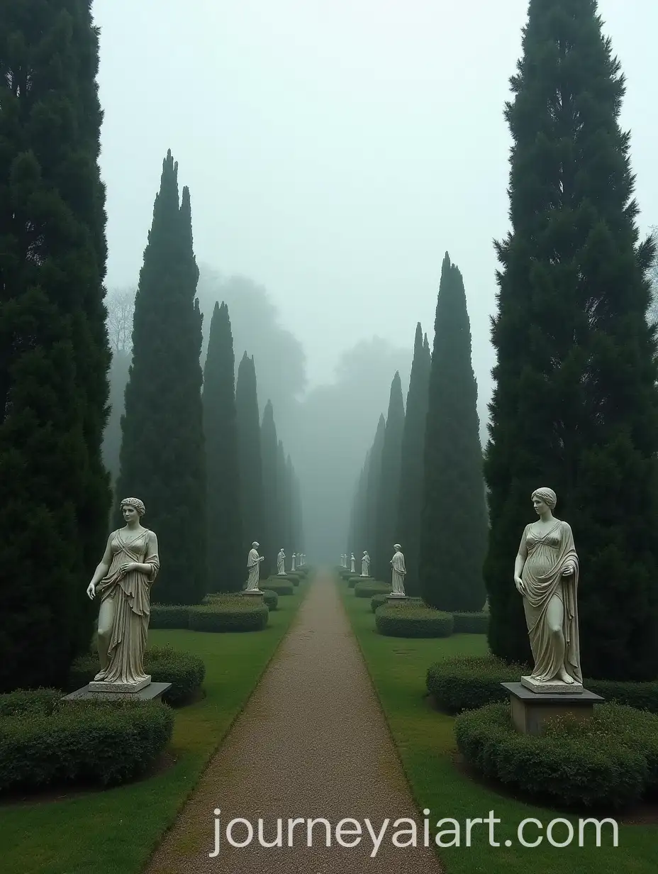 Gloomy-Italian-Garden-with-Cypress-Trees-and-Greek-Goddess-Statues