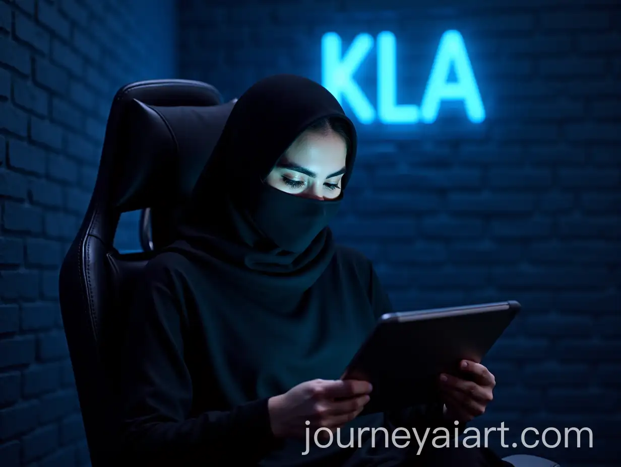 Iranian-Gaming-Streamer-in-Traditional-Attire-Using-iPad-on-Gaming-Chair