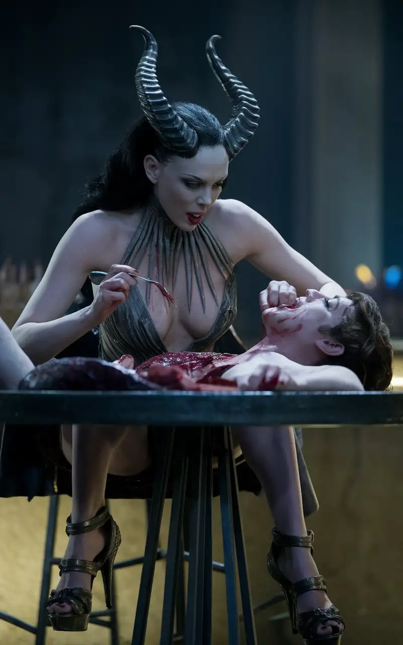 Bar For FEMALE Monsters. Evil Angry Very beautiful monster Charlize Theron with sharp horns, In Sandals with high heels, a very huge mouth with the sharpest teeth and deep neckline sit at a high table,  indulging in a grisly feast of a young man.  Very aggressive look, cinematic, photo , 4k