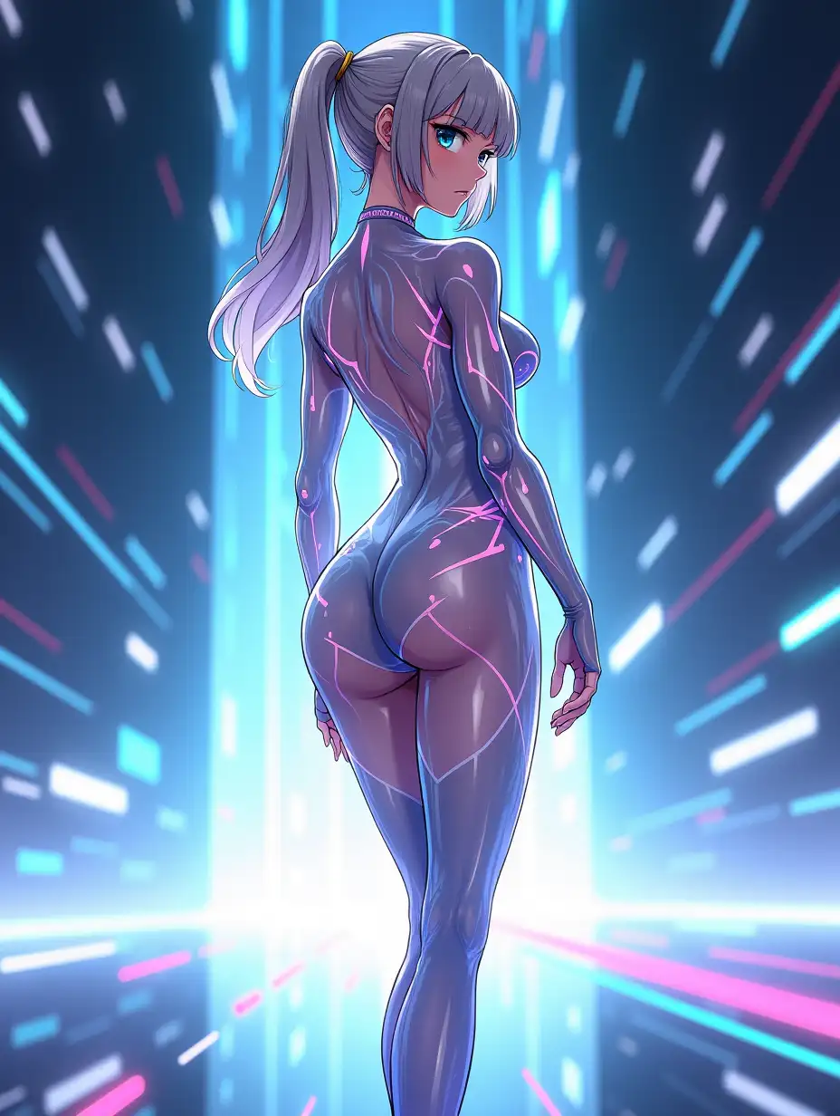 An anime-style female character in full body, shown from behind, standing in a dynamic pose as if preparing to sprint forward. She is wearing a tight, shiny, clear see through bodysuit with futuristic glowing patterns that accentuate her athletic and curvy figure. The pose highlights her back and legs, with her head slightly turned, showing part of her face with a confident expression. She is placed at the center of the frame, taking up about 80% of the image space, with ample futuristic background surrounding her. The background is minimalistic yet dynamic, with abstract light trails, gradients, and glowing elements to emphasize the motion and futuristic vibe. The overall art style is highly polished, with detailed shading, vibrant colors, and smooth textures, matching a modern anime aesthetic.