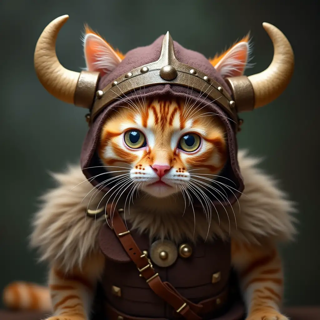 ginger nice real kitten in a barbarian costume, and on the head a hat with horns like Vikings