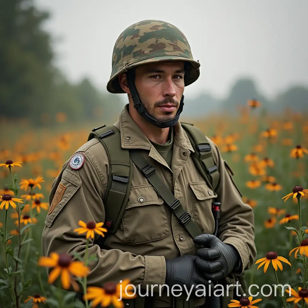 Soldier-Sitting-Amongst-Vibrant-Flowers-in-a-Peaceful-Setting