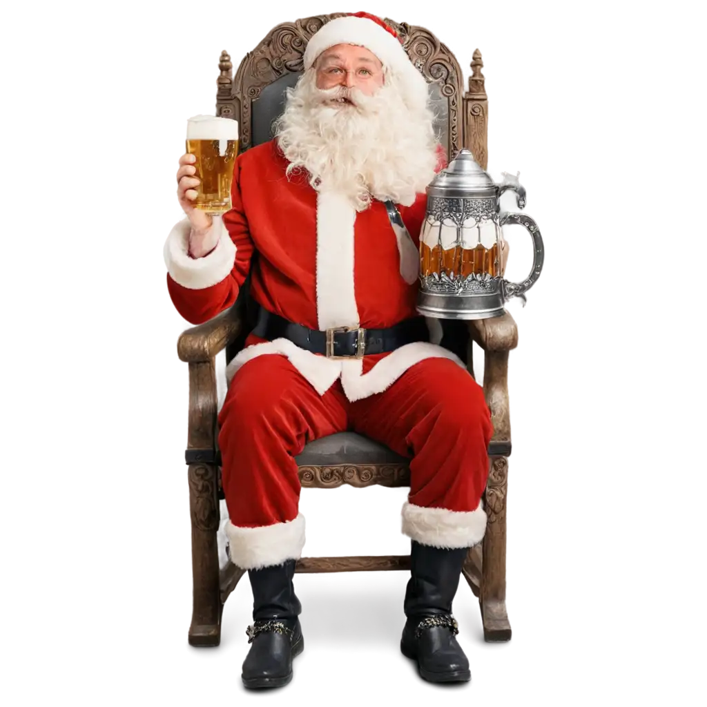 Happy-Santa-Claus-Sitting-in-a-Kings-Chair-Drinking-Beer-from-a-Large-German-Beer-Stein-PNG-Image