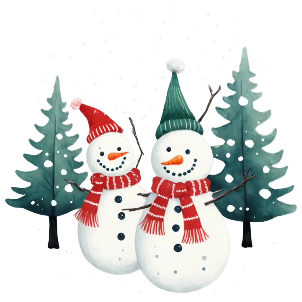 Winter-Scene-Three-Snowmen-with-Trees-and-Snowfall-PNG-Image