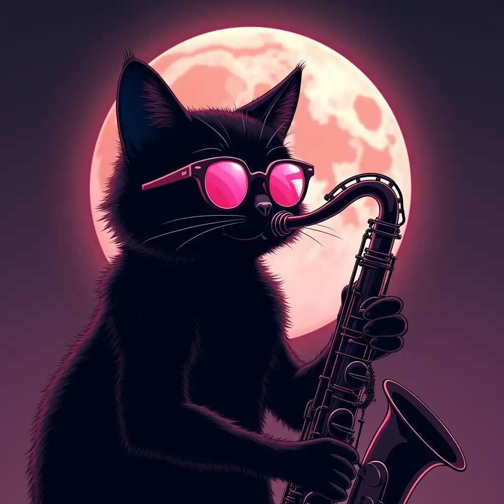 A graceful black cat in trendy anime-style glasses plays synthwave music on a saxophone against the backdrop of a large full moon