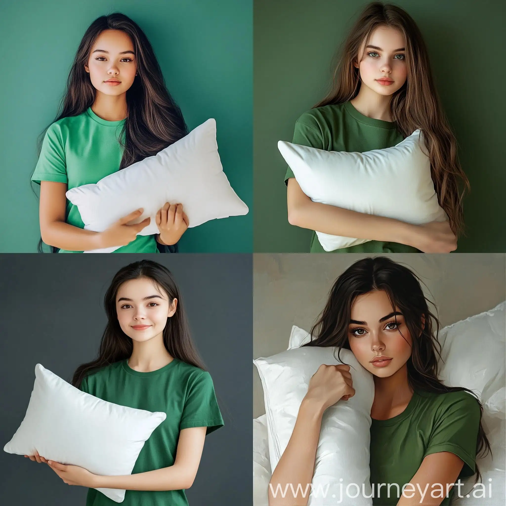 Beautiful-Girl-in-Green-TShirt-Holding-White-Pillow