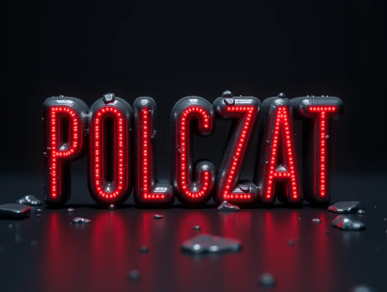 realistic 3D. curved letter composition, spelling POLCZAT. animated glowing, dark with red and silver elements, front view.