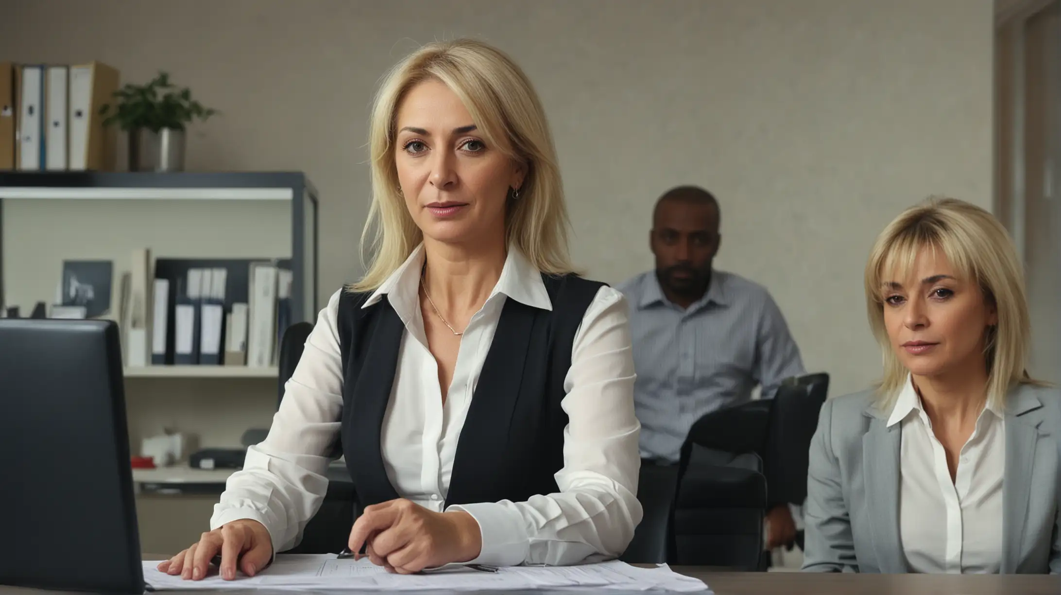 Mature Turkish Businesswoman with Colleagues in Office Setting