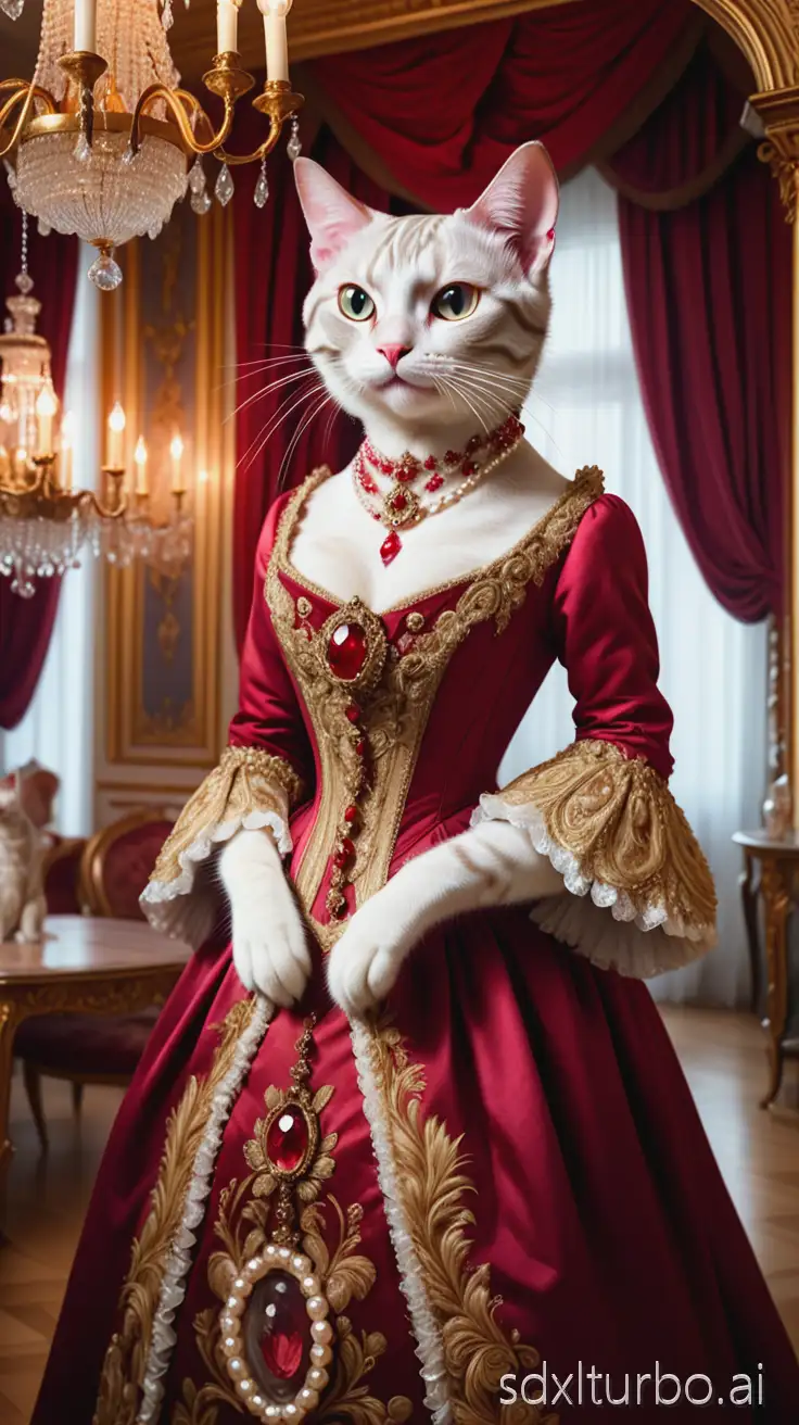 Anthropomorphic cat in an extravagant Victorian royal gown, crimson and gold embroidery, pearl necklace, grand chandelier, rococo palace interior, regal and elegant atmosphere.