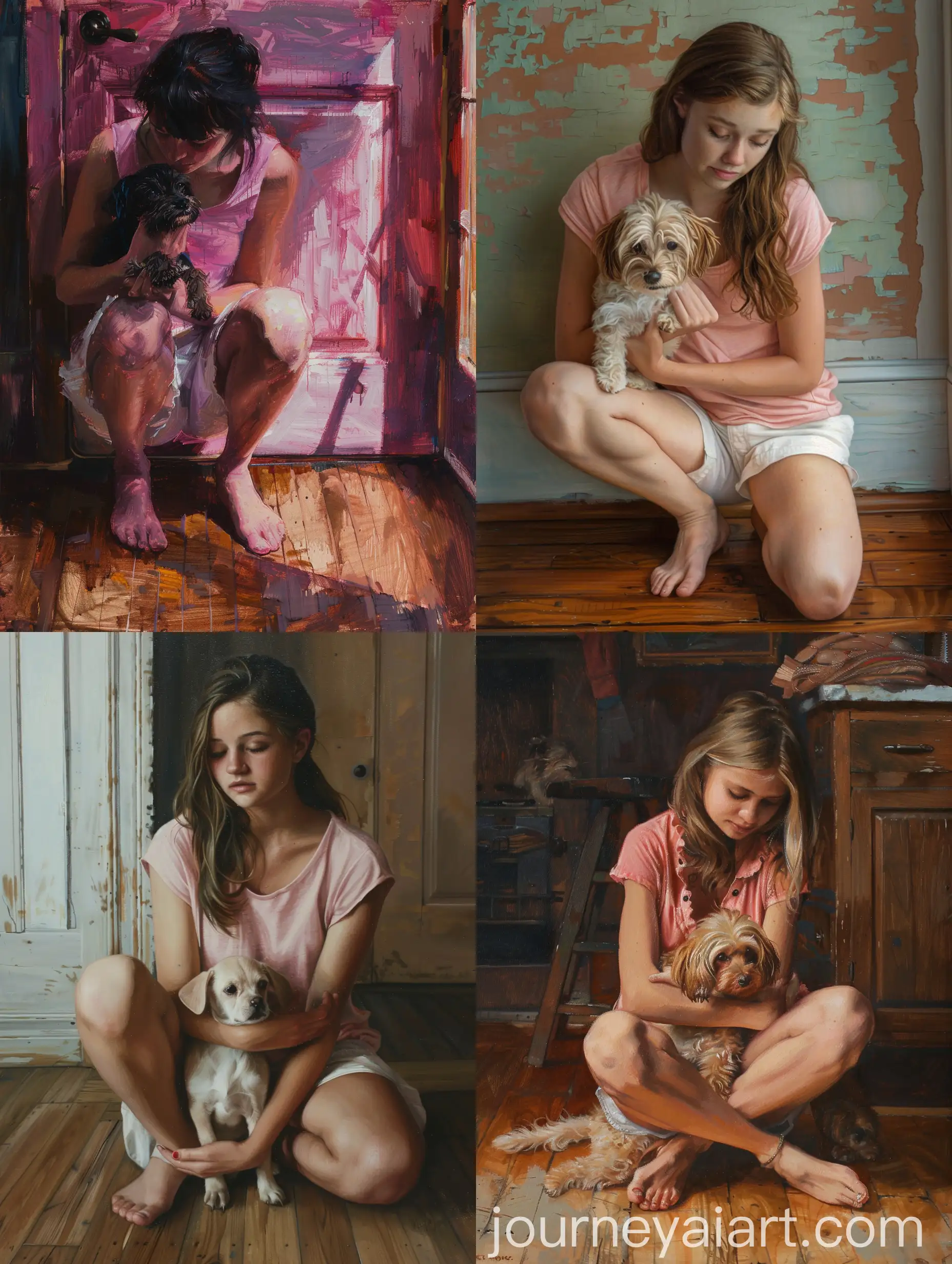 Young-Woman-Squatting-with-Small-Dog-on-Wooden-Floor