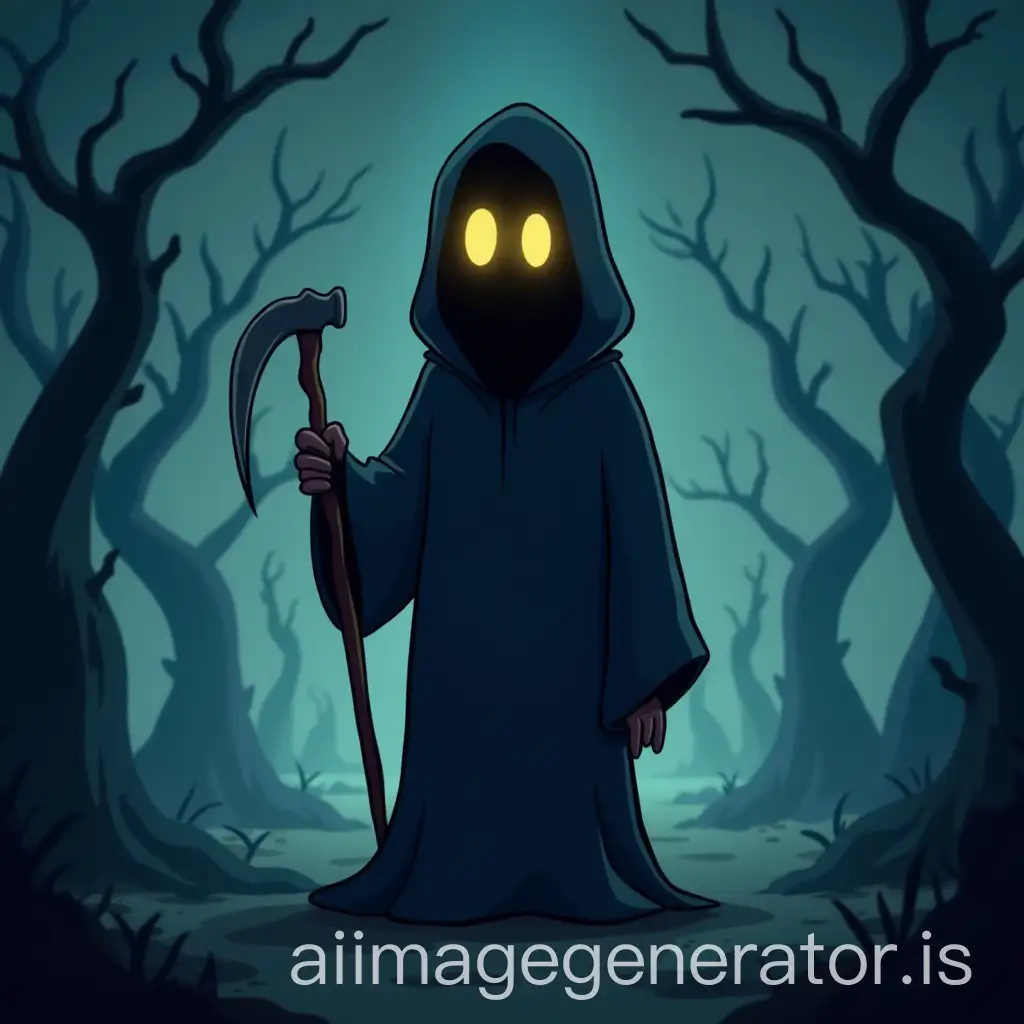 Cartoonish-Grim-Reaper-in-a-Spooky-Garden-with-Glowing-Eyes