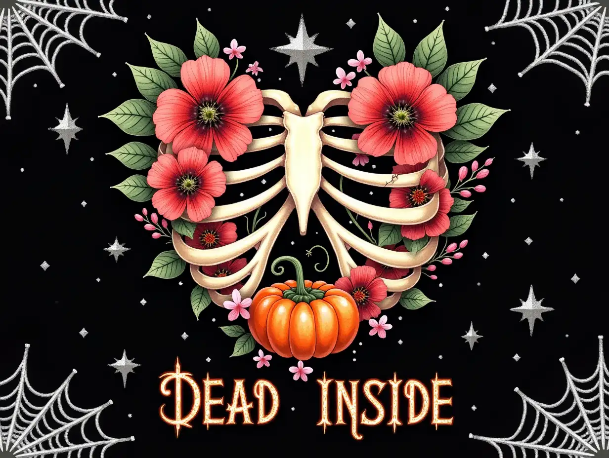 Watercolor-style, Simple lines. Create a hyperrealistic artwork featuring a heart-shaped skeleton ribcage filled with vibrant flowers, including vivid red poppies and delicate pink blooms, alongside small carved pumpkins. The background should be an ominous black, sprinkled with silver stars and intricately designed white spider webs, adding a spooky atmosphere. Incorporate artistic lettering at the bottom that reads 'DEAD INSIDE' in a bold, whimsical orange font. The overall mood combines elements of gothic aesthetics and Halloween charm, highlighting both beauty and eeriness through contrasting colors and detailed textures.