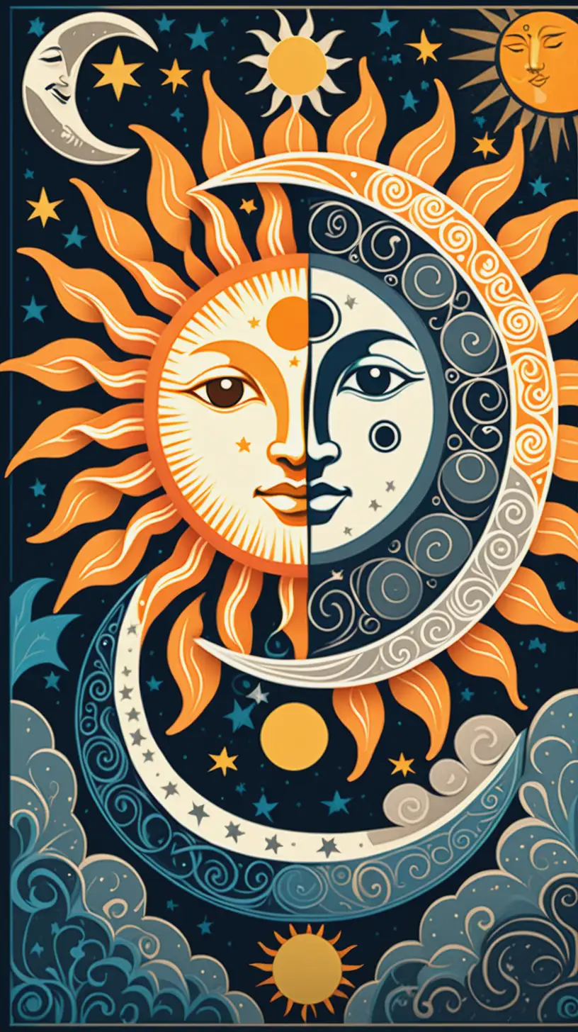 Mystical Sun and Moon Block Art Print Design