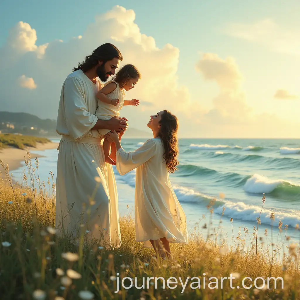 Jesus-Holding-a-Determined-Little-Girl-by-the-Seaside-at-Sunrise