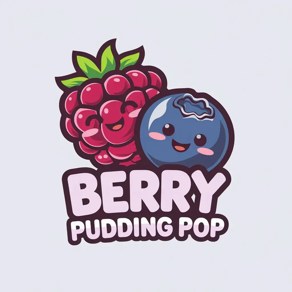 LOGO Design for Berry Pudding Pop Kawaii Red Raspberry Blueberry with Fun Purple Font and Clear Background