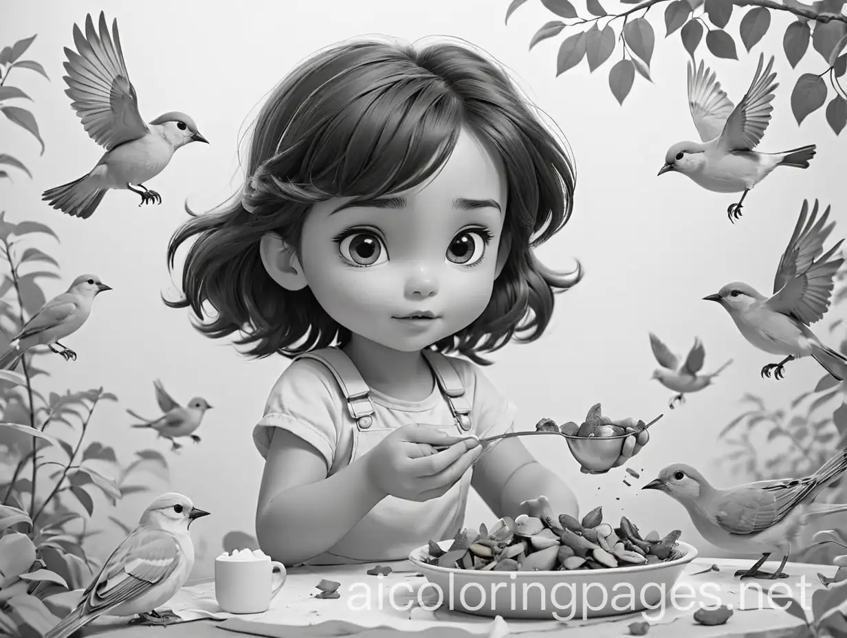 A cute little girl feeding the birds, Coloring Page, black and white, line art, white background, Simplicity, Ample White Space. The background of the coloring page is plain white to make it easy for young children to color within the lines. The outlines of all the subjects are easy to distinguish, making it simple for kids to color without too much difficulty