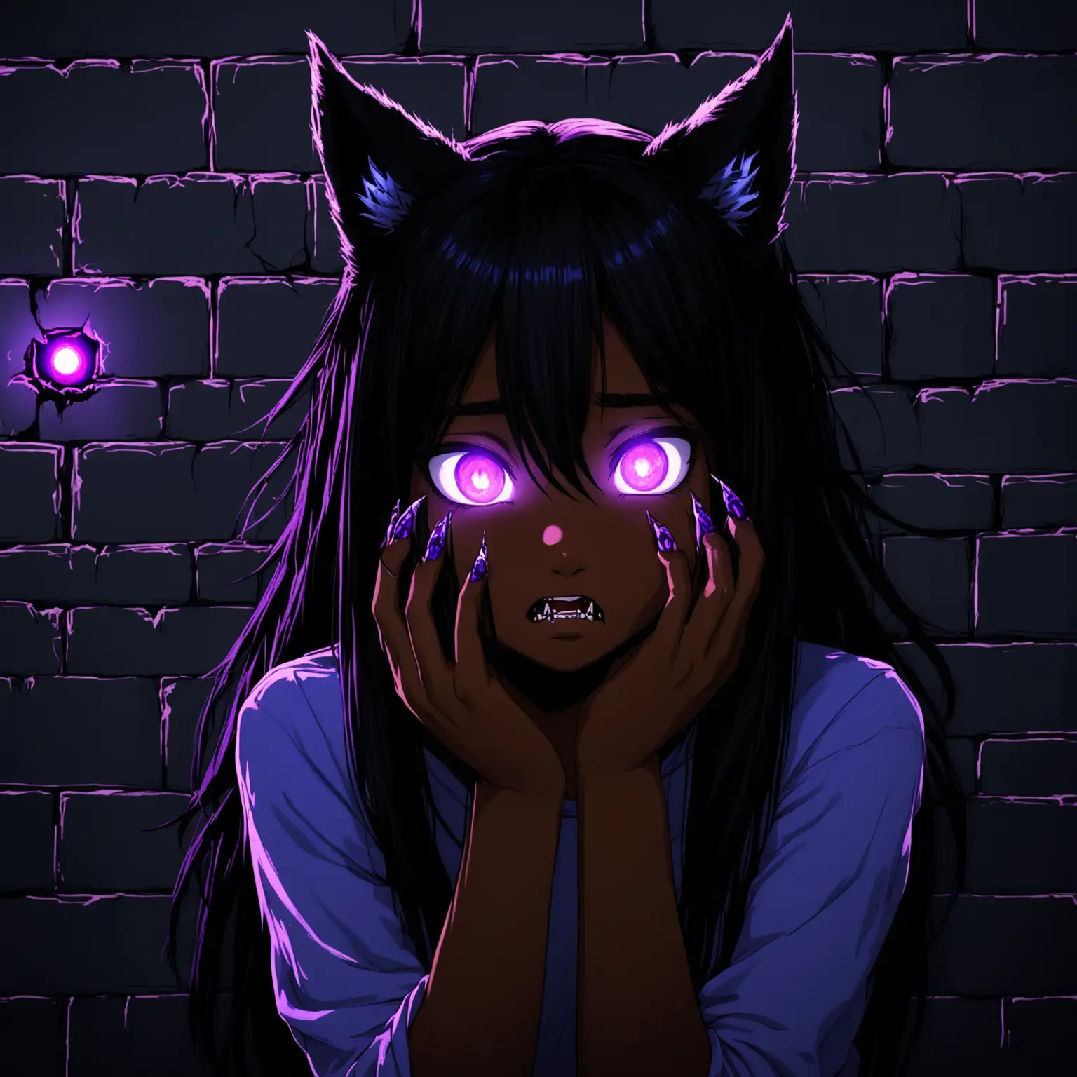 Teenage Girl with Wolf Ears and Glowing Eyes in Basement