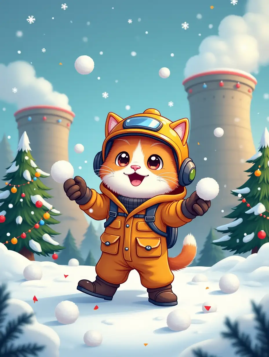 Cute kawaii engineer shaggy cat in protective helmet, gloves and overalls are playing snowballs. In the background: kawaii festive nuclear power plant in the atmosphere of Christmas, around snow, large snowflakes, festive with confetti and tinsel fir trees and colorful garlands, paint in cartoon anime style