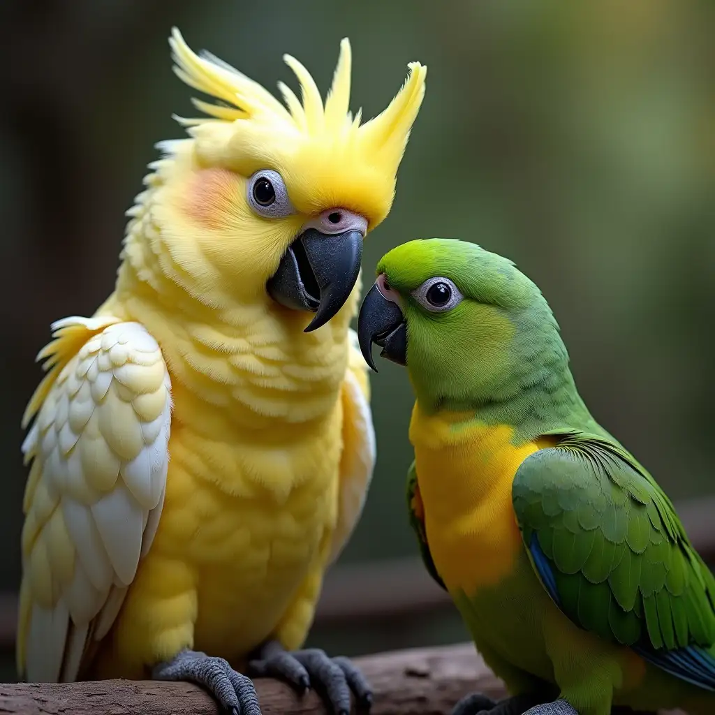 A cockatoo parrot plays with a Carella parrot