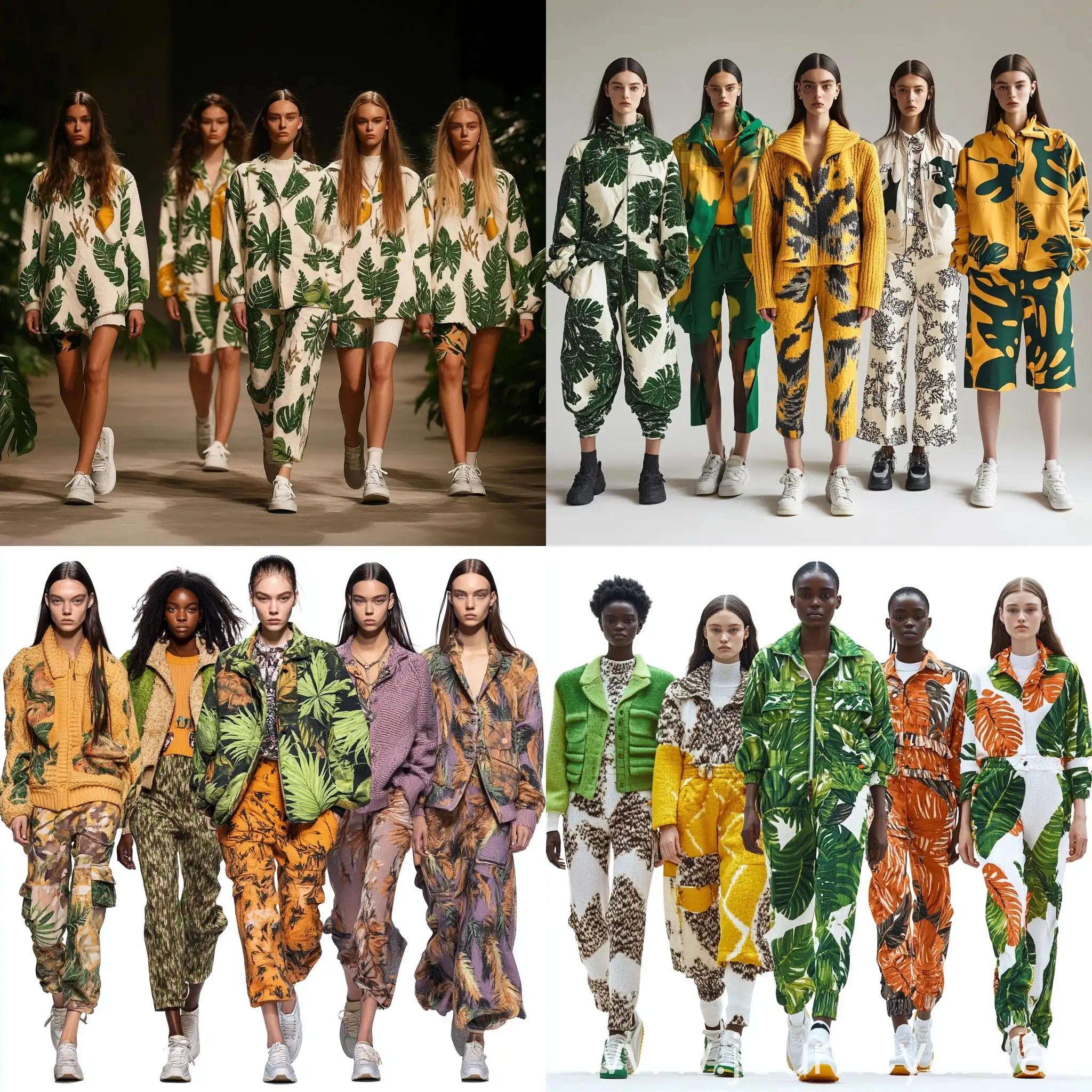 Six-Womens-Fashion-Models-in-Leaf-Print-Knit-Suits-and-Sneakers