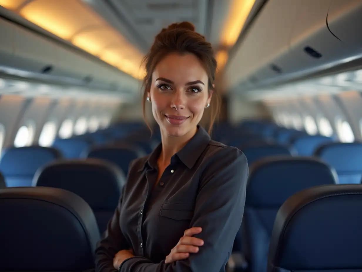 24 years old stewardess working in a plane. Full body view.