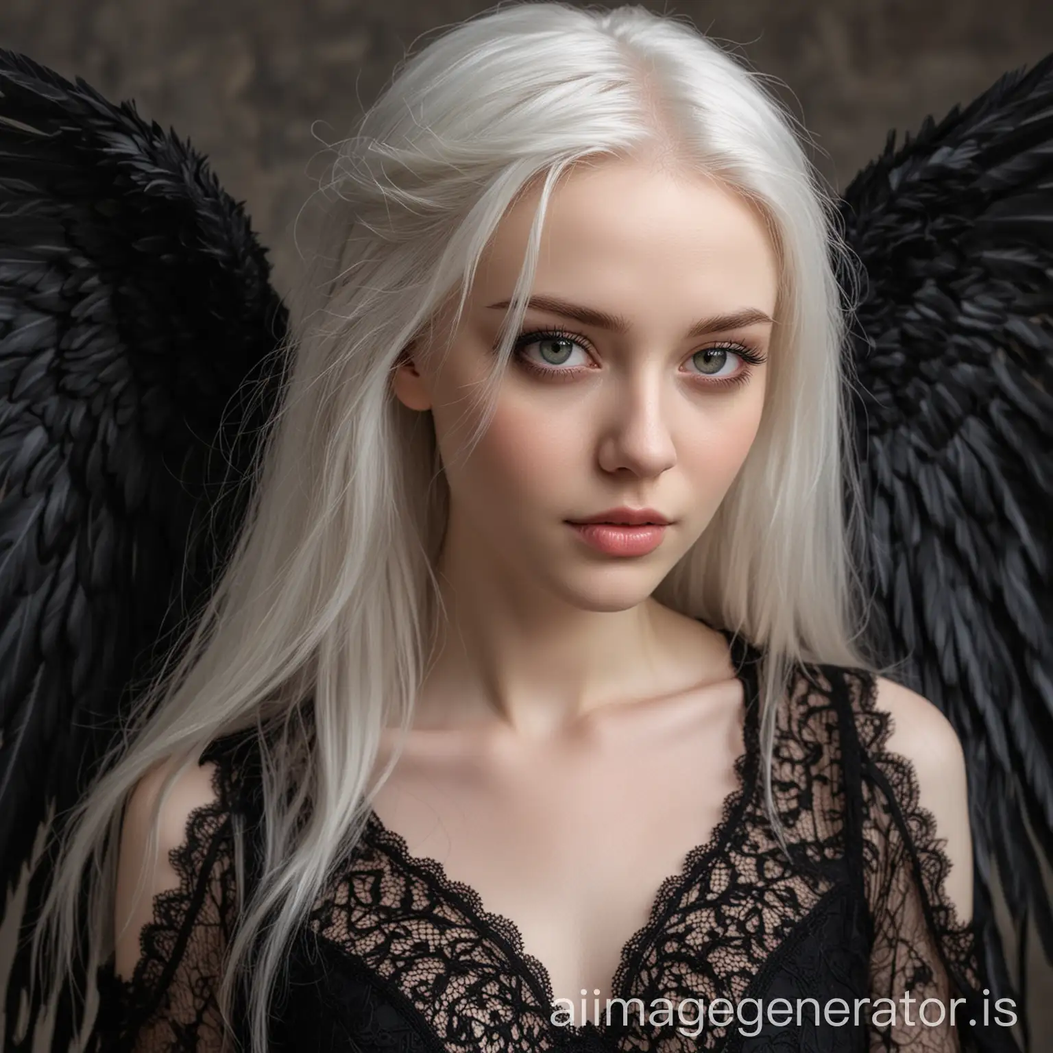 a beautiful woman with pale skin, long and straight white hair, grey eyes, and a challenging gaze with a beautiful black lacy dress and her black angel wings