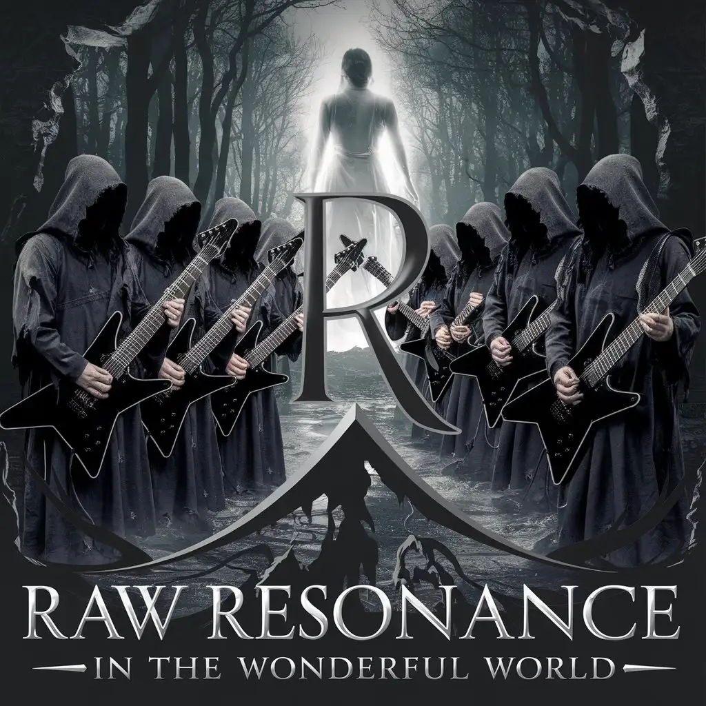 LOGO Design for Raw Resonance In The Wonderful World Dark Grim Forest with Monks and Glowing Ghost Symbolism