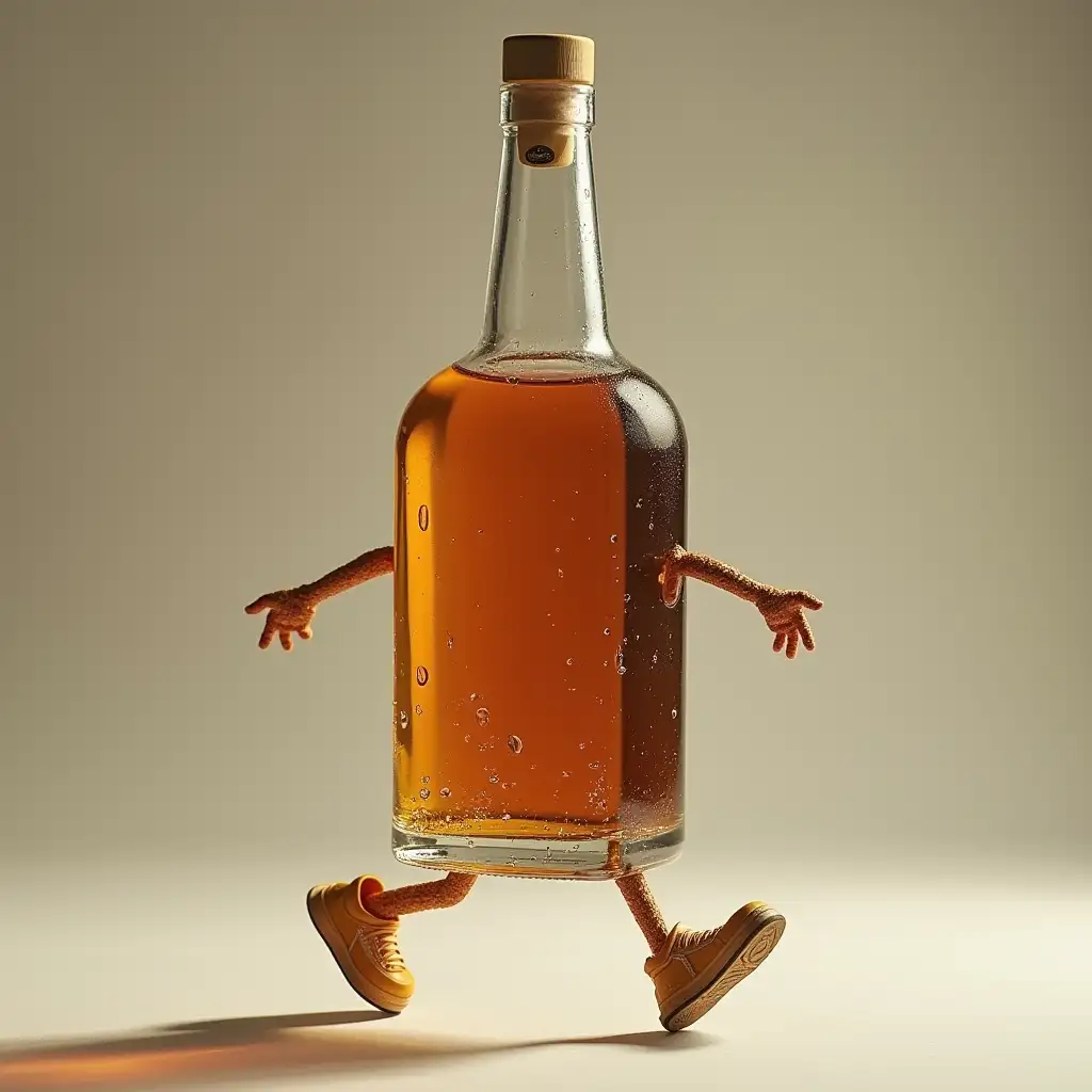 a bottle of alcohol with legs and arms, going somewhere, turned with its back to the viewer