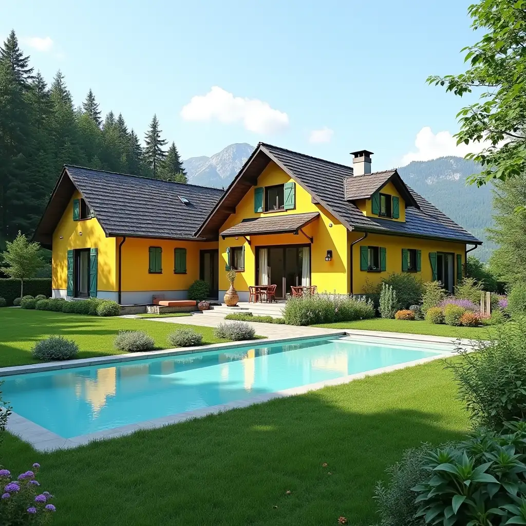 A picture of a very beautiful 1 floor yellow house in Switzerland with green grass,pool and flower beds.