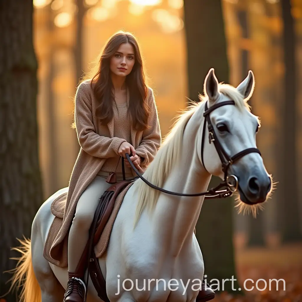 Autumn-Evening-A-Brunette-Maiden-Riding-a-White-Horse-Through-a-Forest
