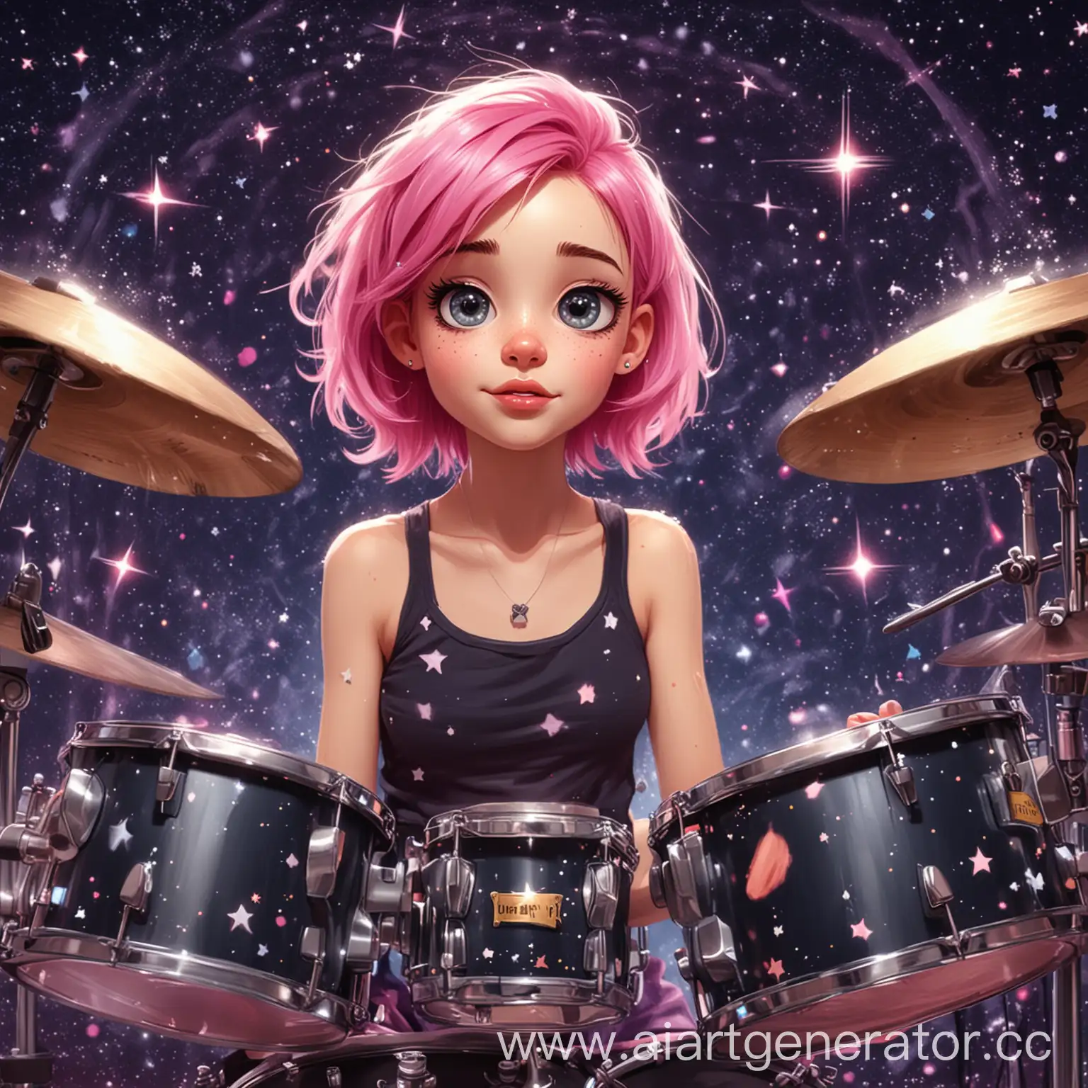 Cartoon-Girl-with-Pink-Hair-Performing-with-Band-Instruments-Under-Starry-Night-Sky