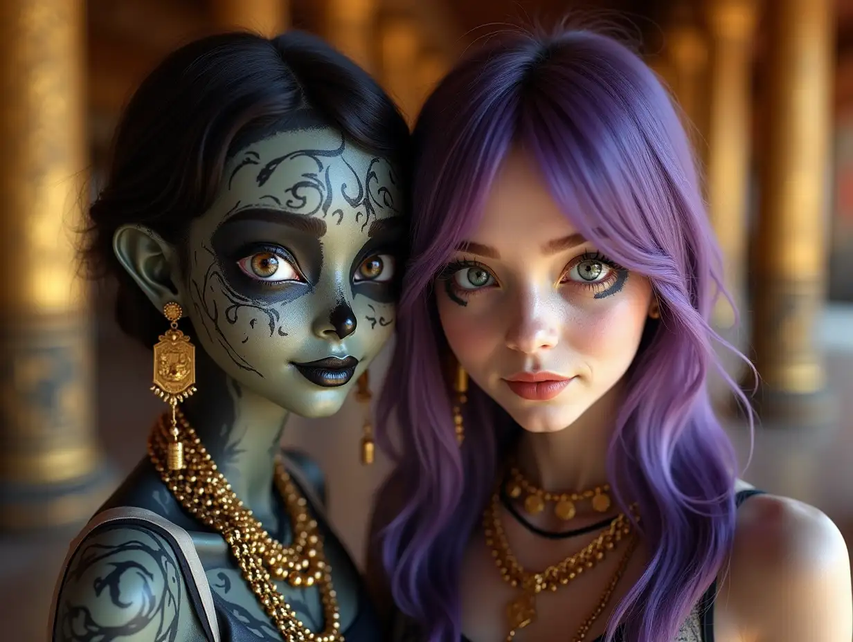 Two young black and white pattern girls with alien face, with purple hair, with a slight smile on their faces, highlighting their smile, modern retro jewelry, in a temple with much gold in various shades 4k