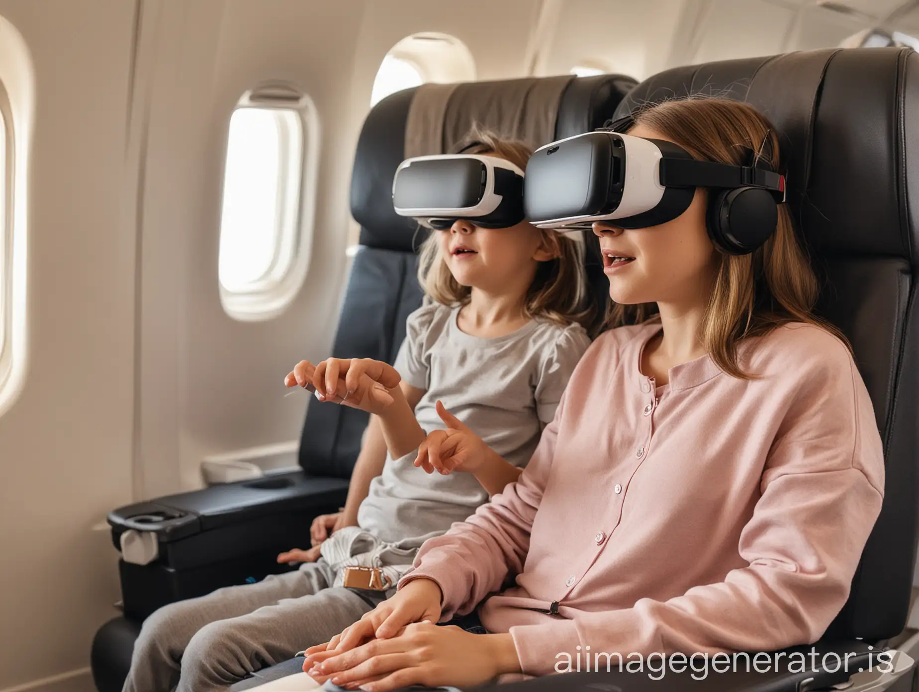 mama and five-year-old girl together using VR headset to play game on plane seat