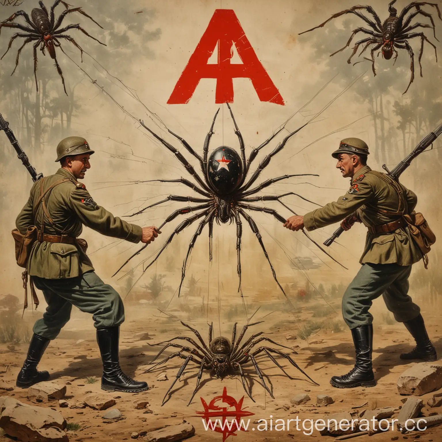 Soviet-and-Italian-Soldiers-Squash-Spider-with-Swastika-Poster