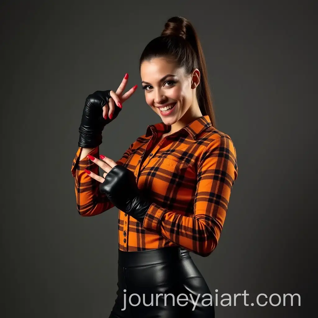Slim-and-Fit-Woman-in-Fighting-Pose-with-Bright-Red-Nails-and-OrangeBlack-Shirt