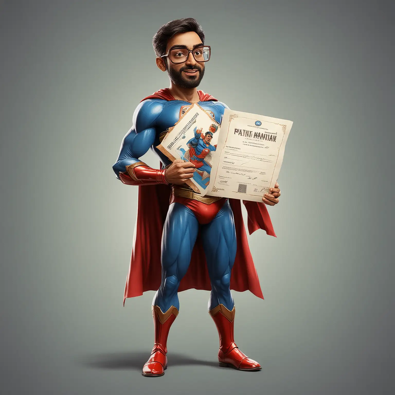 Create images of superhero named 'Patent Man' holding a 'patent certificate', character is from India