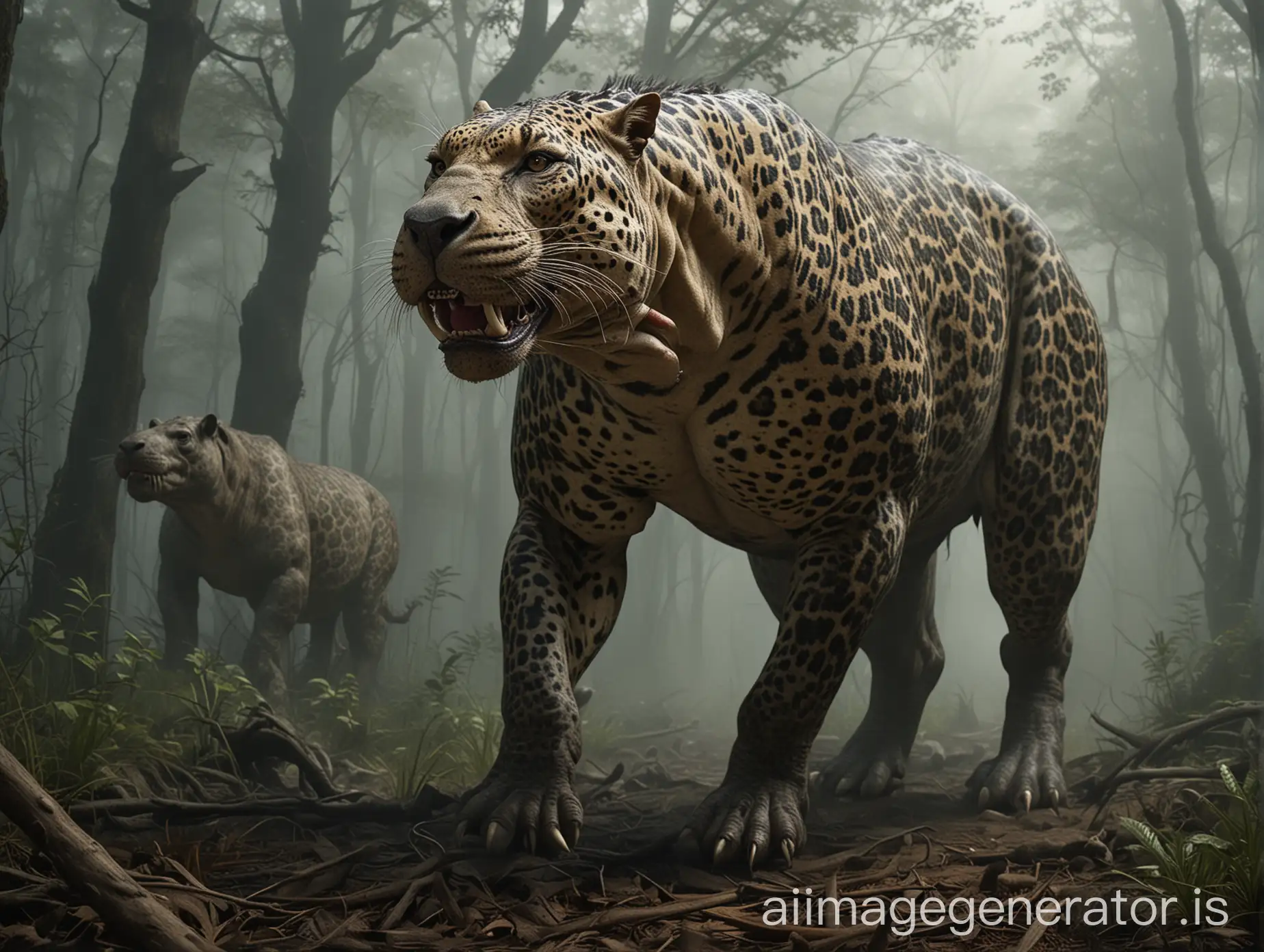 Create a hybrid creature combining the features of a leopard and a hippopotamus into a single, menacing animal. It should have the sleek, spotted fur, sharp claws, and piercing eyes of a leopard, merged with the massive body, powerful jaw, and thick skin of a hippopotamus. Give the creature a terrifying, fierce expression with exposed sharp teeth, and position it in a dark, foggy, horror-themed forest. The background should intensify the creature’s frightening presence, with misty shadows and eerie lighting.