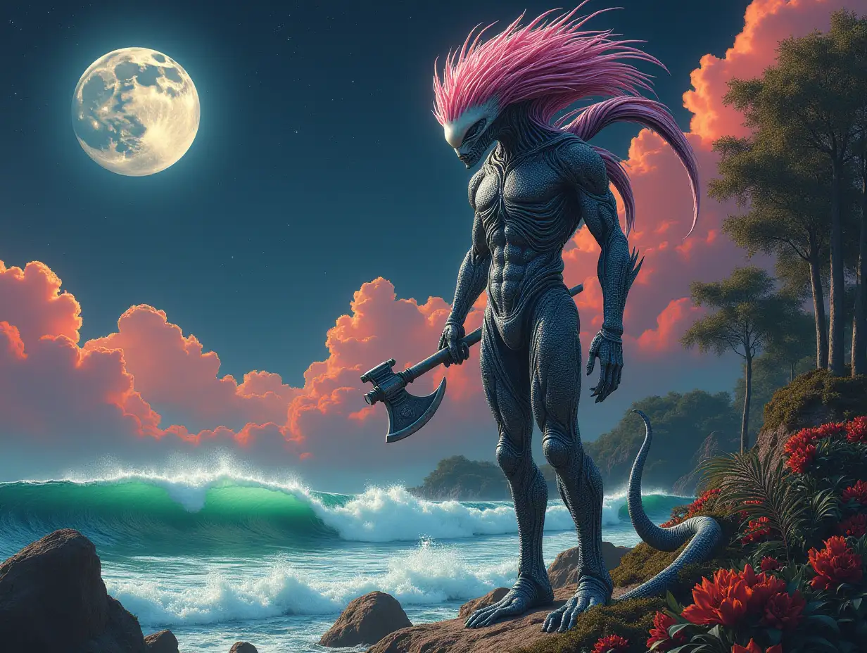 Hyperrealistic portrait of an alien king 15 meters tall with metal hair pink and grey and white with ax in the sea before a 10 meter alien predator with giant alien snake with waves on a rock with plants that are intricately detailed, colorful, forested planet with giant trees with moon stars and red clouds background