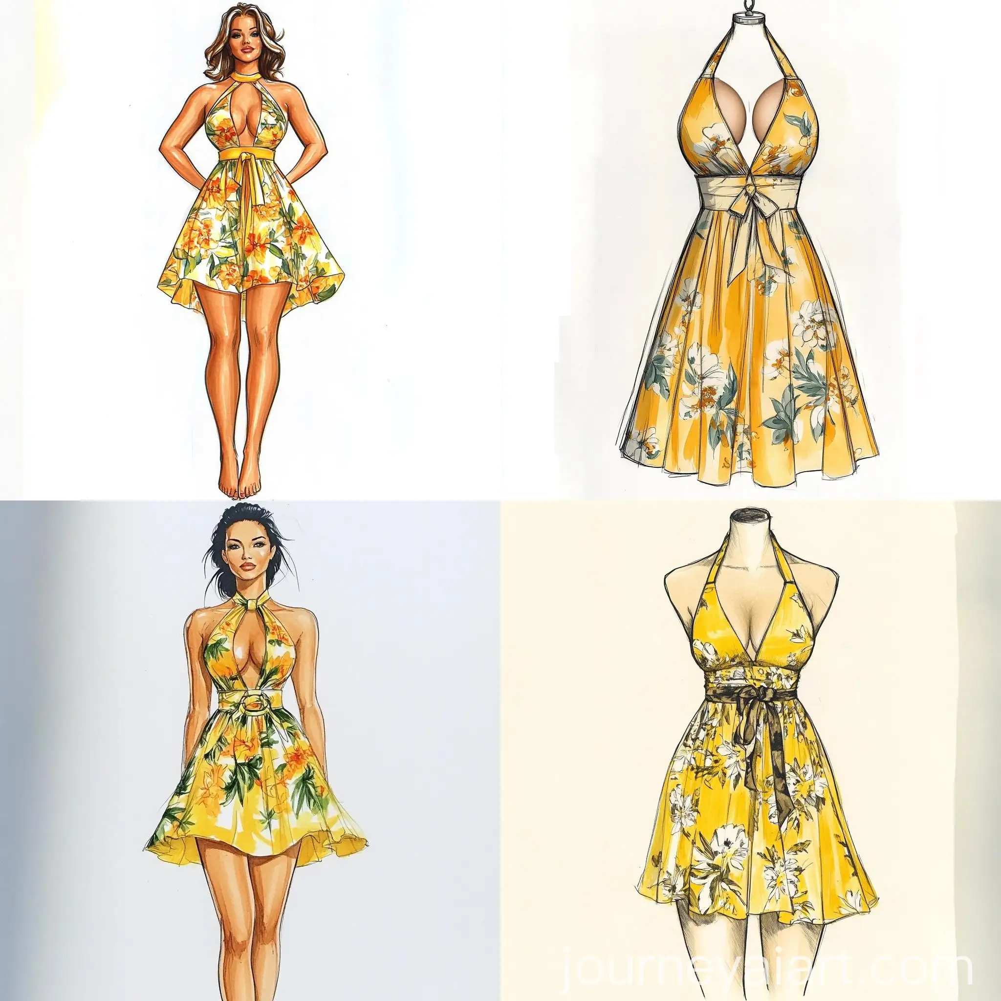 Plus-Size-Yellow-Floral-ALine-SwimDress-with-Halter-Neck-and-Belt
