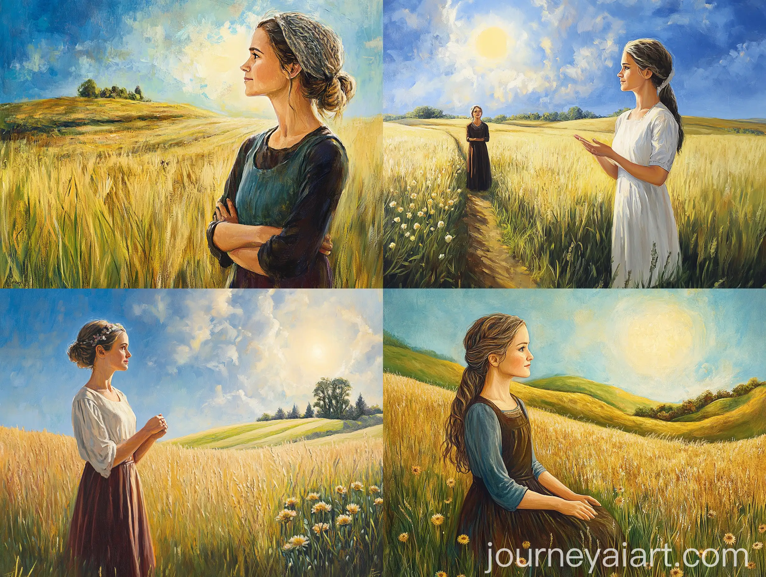 Women-Enjoying-Sunny-Day-in-Green-Meadow-with-Blue-Sky