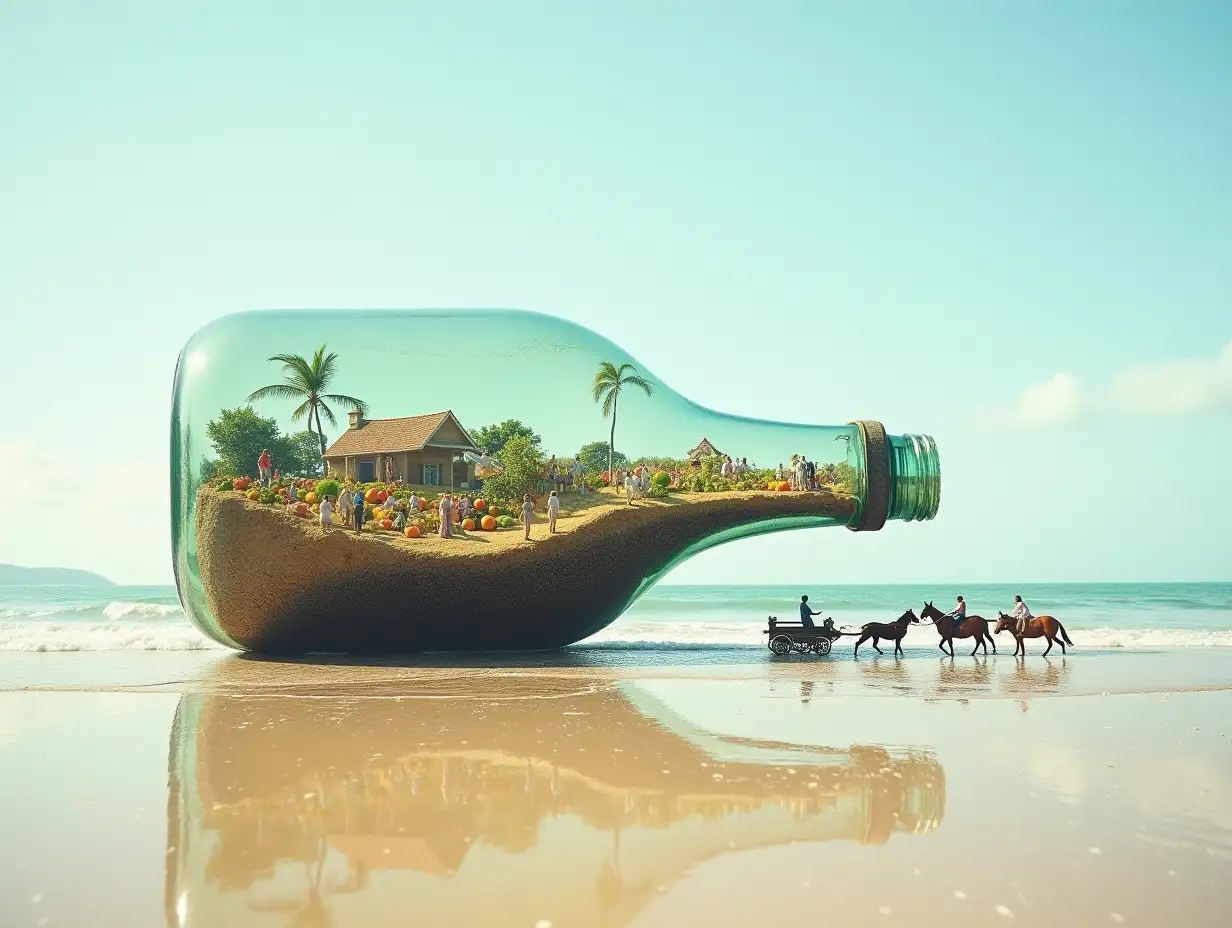 In a beautiful beach there is a large glass bottle, inside is a small village, with many tiny people, with fruit plantation, carriage, horses, pigs, quite big-real photo, triple exposure, basic idea of something beautiful picture