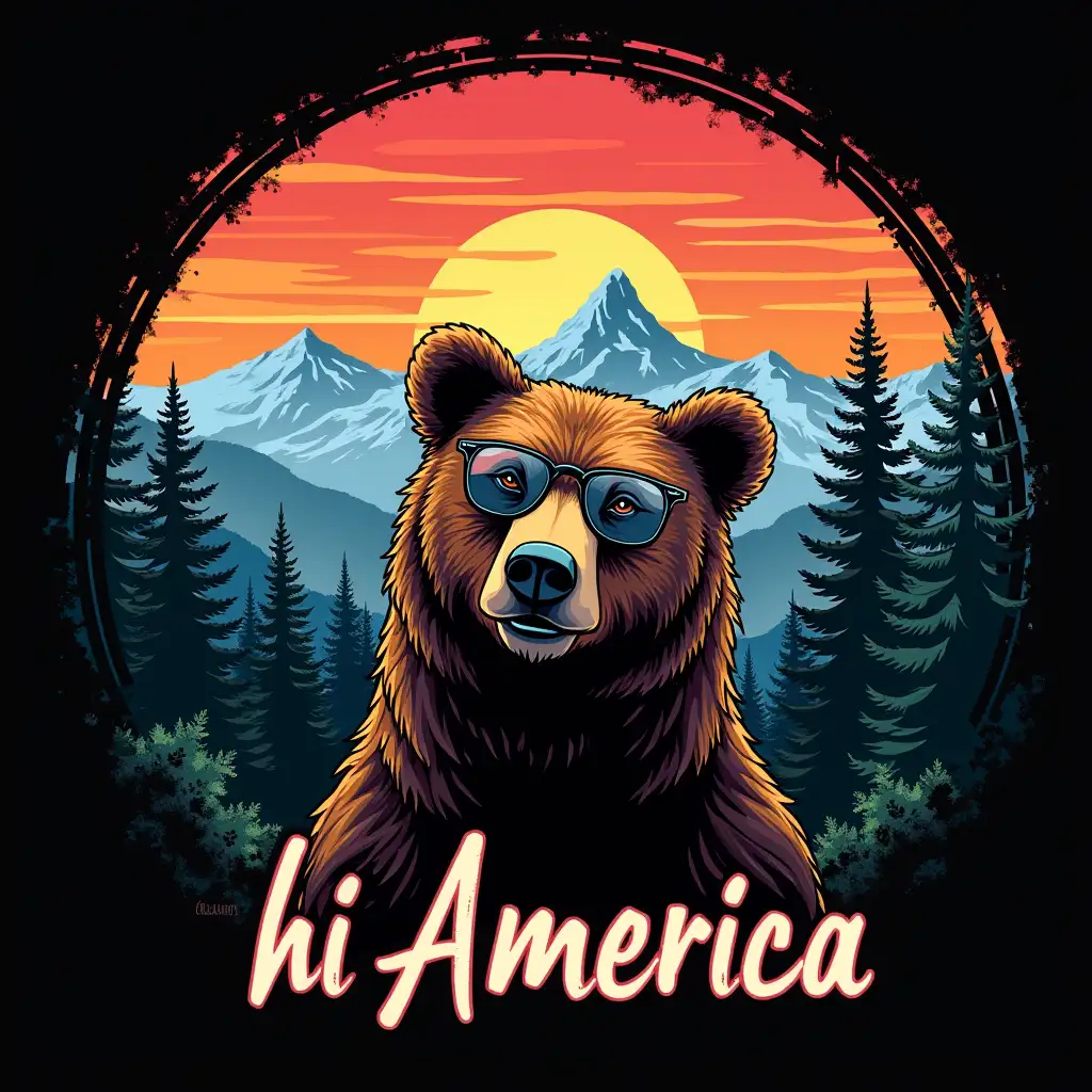 A bear with glasses in a beautiful city overlooking the mountains with the inscription 'hi America' in the style of pop art black background