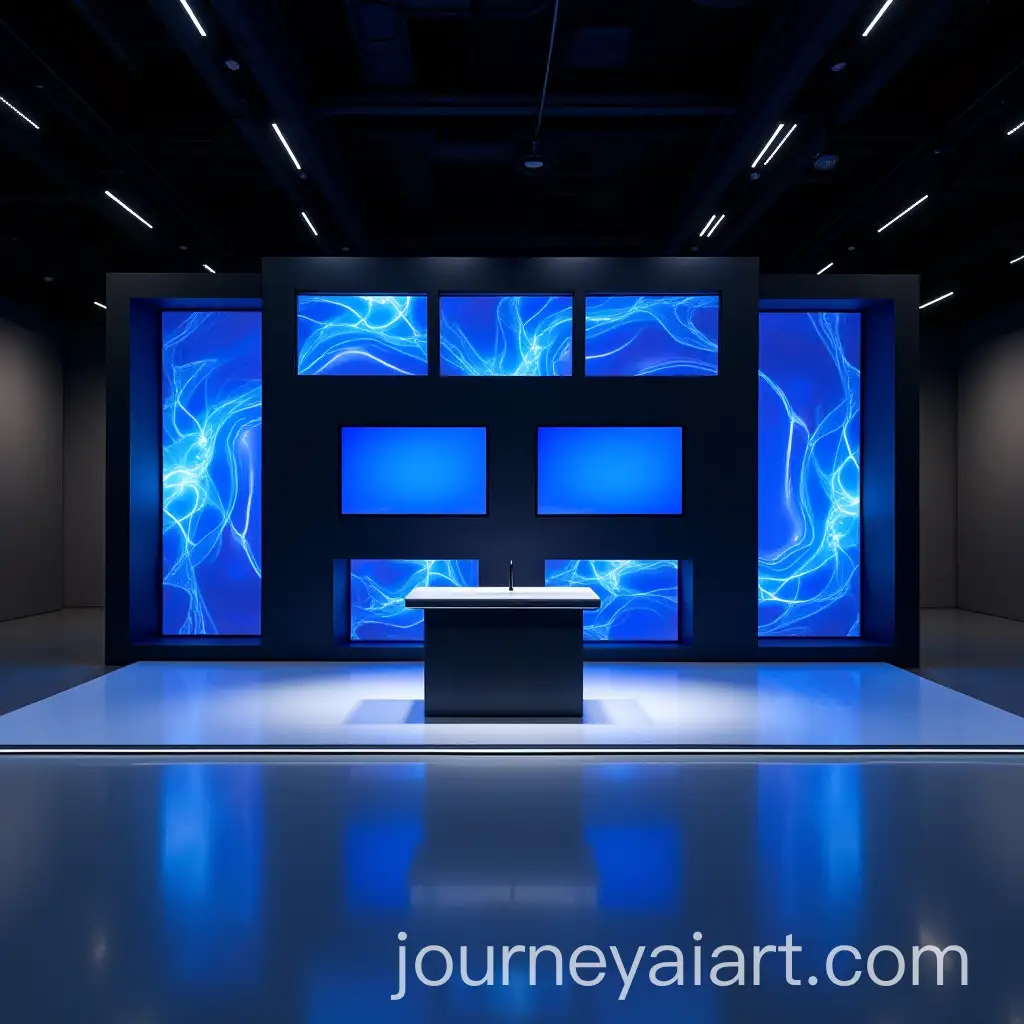 Modern-Exhibition-Stand-with-Bold-Blue-and-Black-Design-Featuring-6-TV-Screens-and-1-LED-Wall